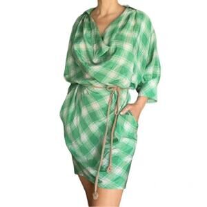 PAUL & JOE Printed Silk Cowl Dress Farmhouse Country Green Plaid XS